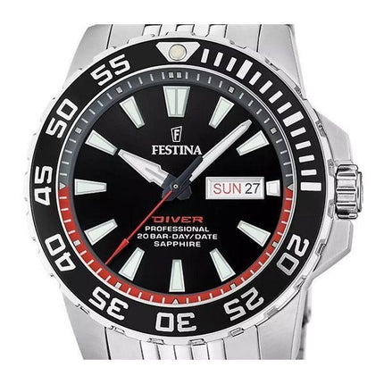 Festina The Originals Reloj de buceo de cuarzo con esfera negra y acero inoxidable F20661-3 200M para hombre