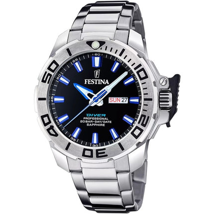 Festina Classics F20665-3 Reloj de buceo de cuarzo con esfera negra y acero inoxidable para hombre, 200 m, con correa de regalo