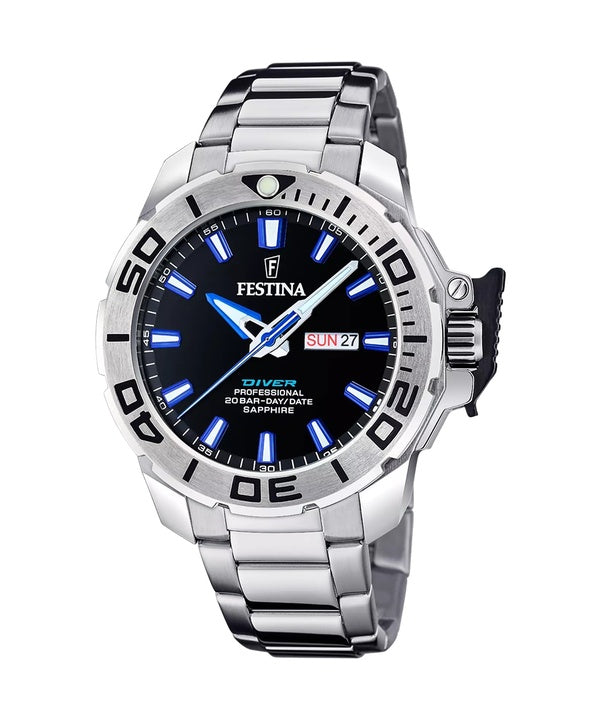 Festina Classics F20665-3 Reloj de buceo de cuarzo con esfera negra y acero inoxidable para hombre, 200 m, con correa de regalo