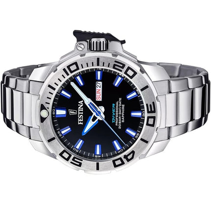 Festina Classics F20665-3 Reloj de buceo de cuarzo con esfera negra y acero inoxidable para hombre, 200 m, con correa de regalo