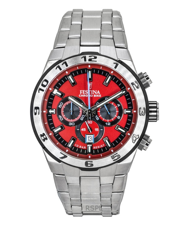 Festina Chrono Bike Cronógrafo de acero inoxidable con esfera roja de cuarzo F20670-5 100M Reloj para hombre