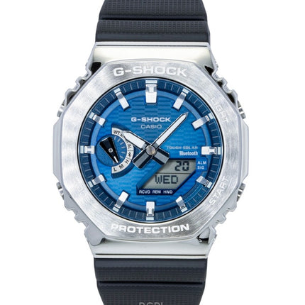 Reloj Casio G-Shock G-Steel GBM-2100A-2B para hombre, resistente al agua hasta 200 m, con correa de resina de base biológica y conexión para smartphone. Incluye esfera azul, movimiento analógico-digital y carga solar.