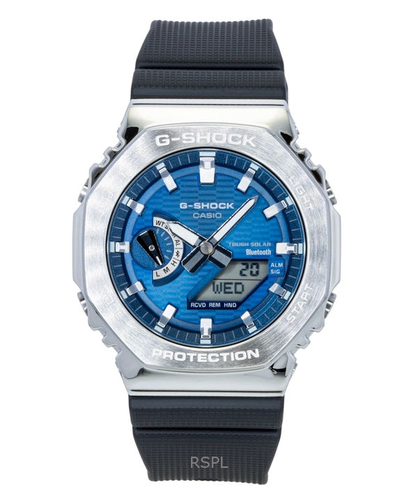 Reloj Casio G-Shock G-Steel GBM-2100A-2B para hombre, resistente al agua hasta 200 m, con correa de resina de base biológica y conexión para smartphone. Incluye esfera azul, movimiento analógico-digital y carga solar.