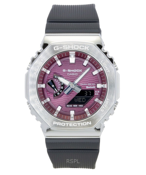 Reloj Casio G-Shock G-Steel GBM-2100A-4B para hombre, resistente al agua hasta 200 m, con correa de resina de base biológica y conexión para smartphone. Incluye esfera rosa, movimiento analógico-digital y carga solar.