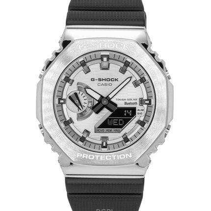 Reloj Casio G-Shock G-Steel GBM-2100A-8B para hombre, resistente al agua hasta 200 m, con correa de resina de base biológica y conexión para smartphone. Incluye esfera gris, movimiento analógico-digital y carga solar.