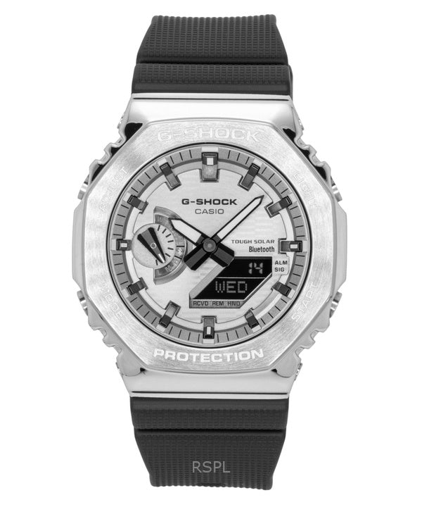 Reloj Casio G-Shock G-Steel GBM-2100A-8B para hombre, resistente al agua hasta 200 m, con correa de resina de base biológica y conexión para smartphone. Incluye esfera gris, movimiento analógico-digital y carga solar.