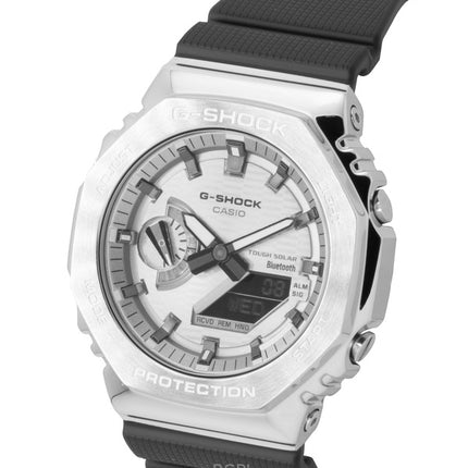 Reloj Casio G-Shock G-Steel GBM-2100A-8B para hombre, resistente al agua hasta 200 m, con correa de resina de base biológica y conexión para smartphone. Incluye esfera gris, movimiento analógico-digital y carga solar.