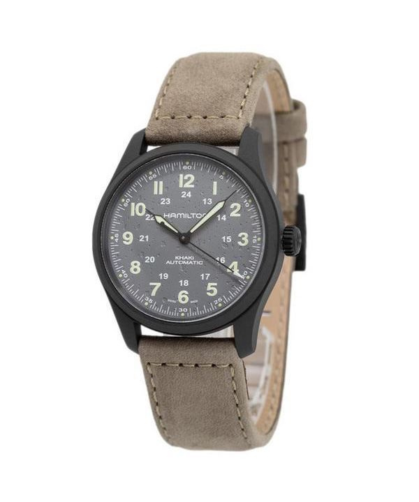 Reloj para hombre Hamilton Khaki Field con correa de cuero de titanio y esfera gris automático H70215880 100M