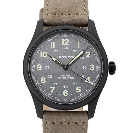 Reloj para hombre Hamilton Khaki Field con correa de cuero de titanio y esfera gris automático H70215880 100M