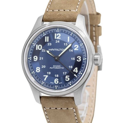 Reloj para hombre Hamilton Khaki Field con correa de cuero de titanio y esfera azul automático H70545540 100M