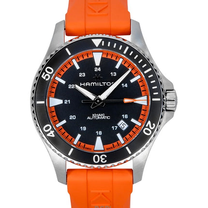 Hamilton Khaki Navy Scuba - Reloj automático para hombre, correa de caucho color naranja, esfera negra, H82395331, 100 m