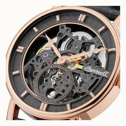 Reloj Ingersoll The Herald con correa de cuero y esfera esquelética negra automática I00403B para hombre