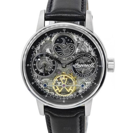 Ingersoll The Jazz Sun and Moon Phase Correa de cuero Skeleton Silver Dial Automático I07701 Reloj para hombre