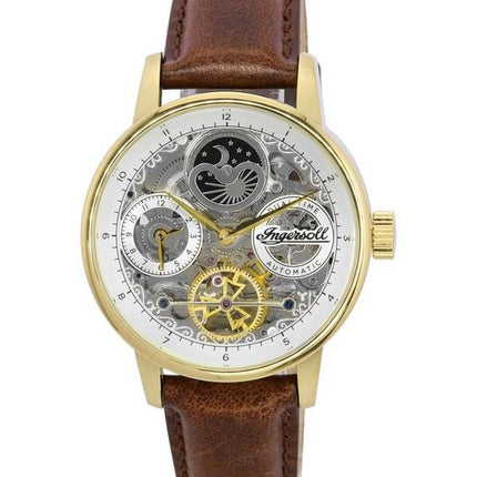 Ingersoll The Jazz Moon Phase Correa de cuero Skeleton Gold Dial Automático I07704 Reloj para hombre