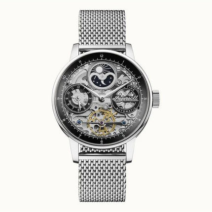 Ingersoll The Jazz Sun And Moon Phase Reloj para hombre con esqueleto de acero inoxidable y esfera negra automático I07708
