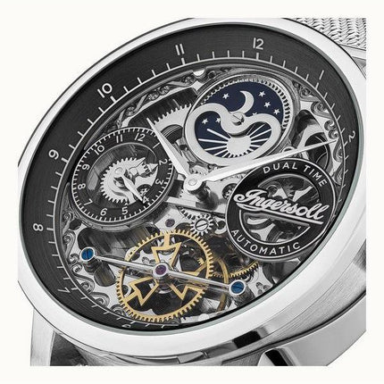 Ingersoll The Jazz Sun And Moon Phase Reloj para hombre con esqueleto de acero inoxidable y esfera negra automático I07708