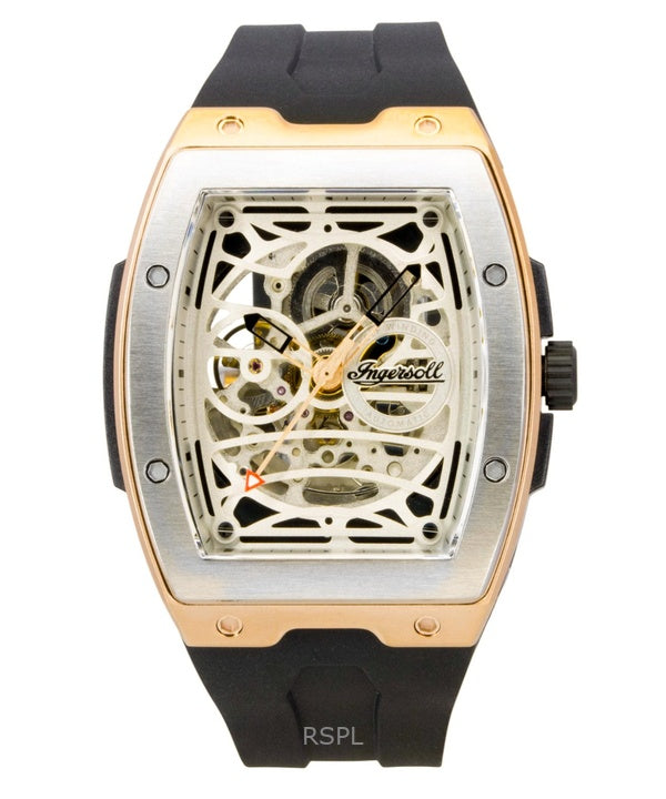 Reloj Ingersoll The Challenger para hombre, modelo I12302, con correa de caucho PU, esfera esqueleto plateada y movimiento automático.
