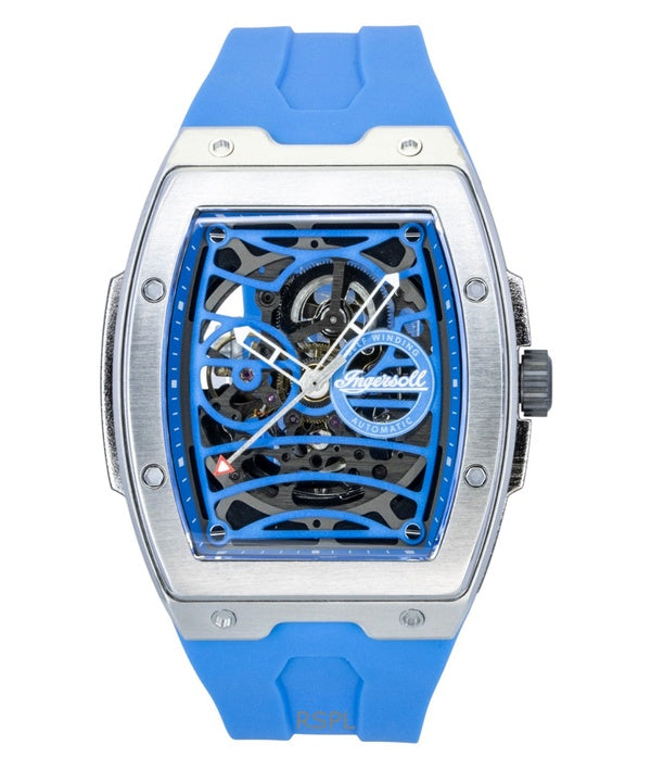 Reloj Ingersoll The Challenger para hombre, automático, con correa de poliuretano, esfera esqueleto azul (modelo I12308).