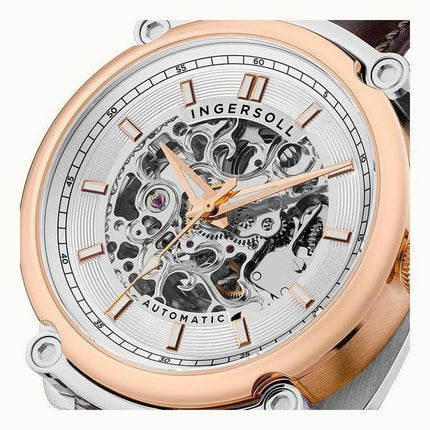 Reloj para hombre Ingersoll The Michigan con correa de cuero marrón y esfera esqueleto blanca automático I13302