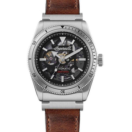 Reloj para hombre Ingersoll The Scovill con correa de cuero marrón y esfera esqueleto negra automático I13901 100M