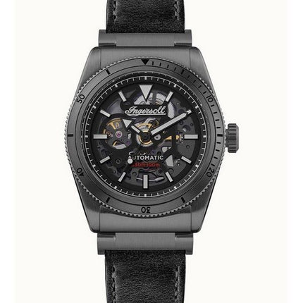 Ingersoll The Scovill Correa de cuero negra Esfera esqueleto negra Reloj automático para hombre I13902 100M