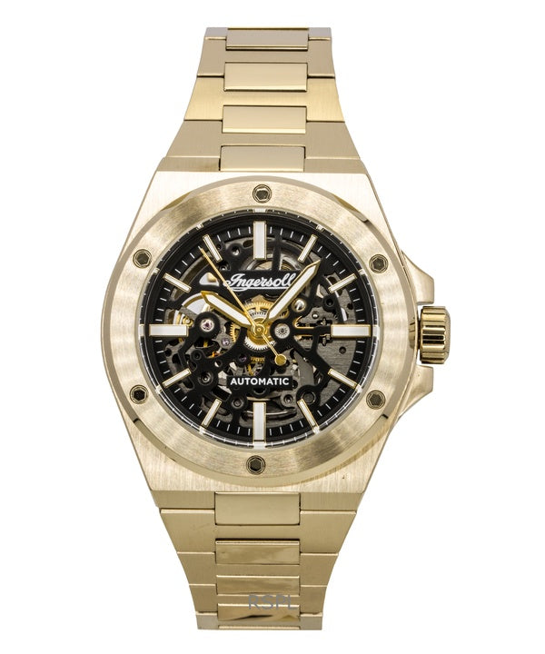 Reloj automático Ingersoll The Baller I15001 para hombre, de acero inoxidable dorado con esfera negra y esqueleto.