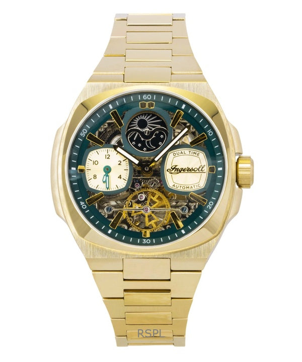 Reloj Ingersoll The Spirit para hombre, automático, de acero inoxidable dorado con esfera esqueleto verde I15803