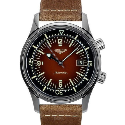 Reloj automático Longines Legend Diver con correa de piel y esfera marrón L3.774.4.60.2 300M para hombre