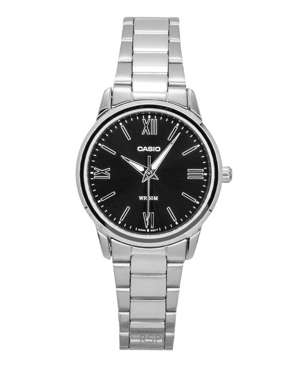 Reloj Casio analógico de acero inoxidable con esfera negra y cuarzo LTP-1303DD-1AV para mujer