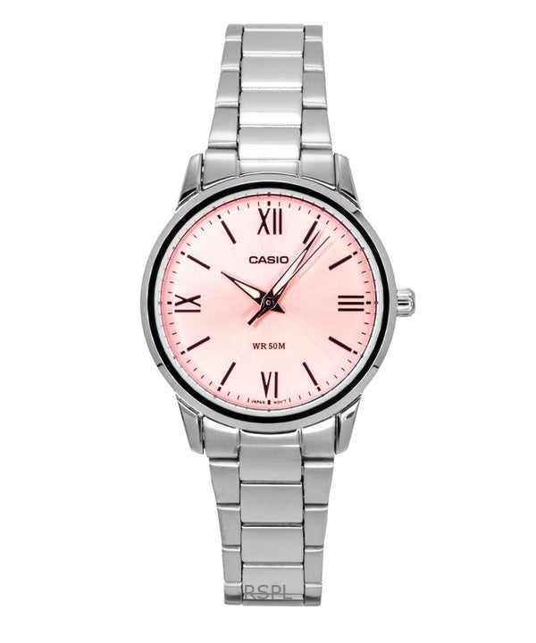 Reloj Casio analógico de acero inoxidable con esfera rosa y movimiento de cuarzo para mujer LTP-1303DD-4AV