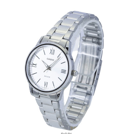 Reloj Casio analógico de cuarzo para mujer, modelo LTP-1303DD-7AV, con esfera plateada y caja de acero inoxidable.