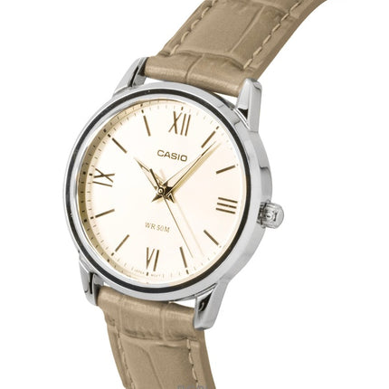 Reloj Casio analógico para mujer, con correa de cuero, esfera dorada y movimiento de cuarzo, modelo LTP-1303LL-7AV