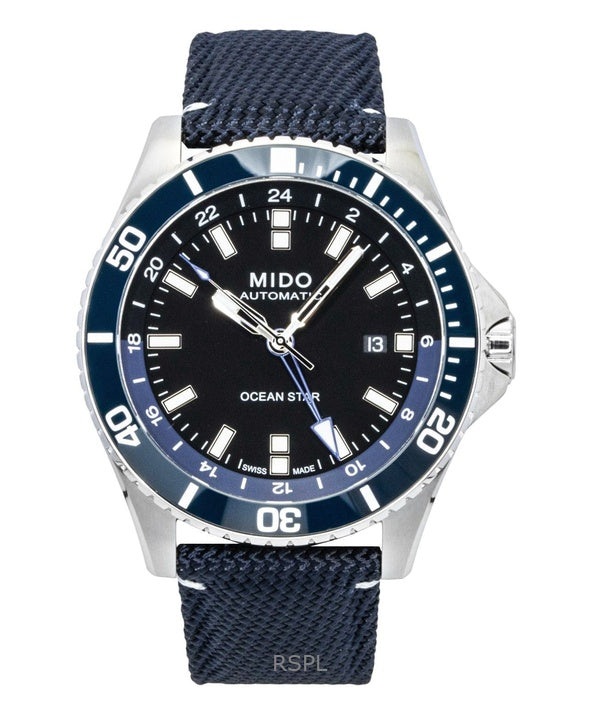 Reloj Mido Ocean Star GMT para hombre, con correa de tela, esfera negra, automático, de buceo, modelo M026.629.17.051.00, resistente al agua hasta 200 metros.