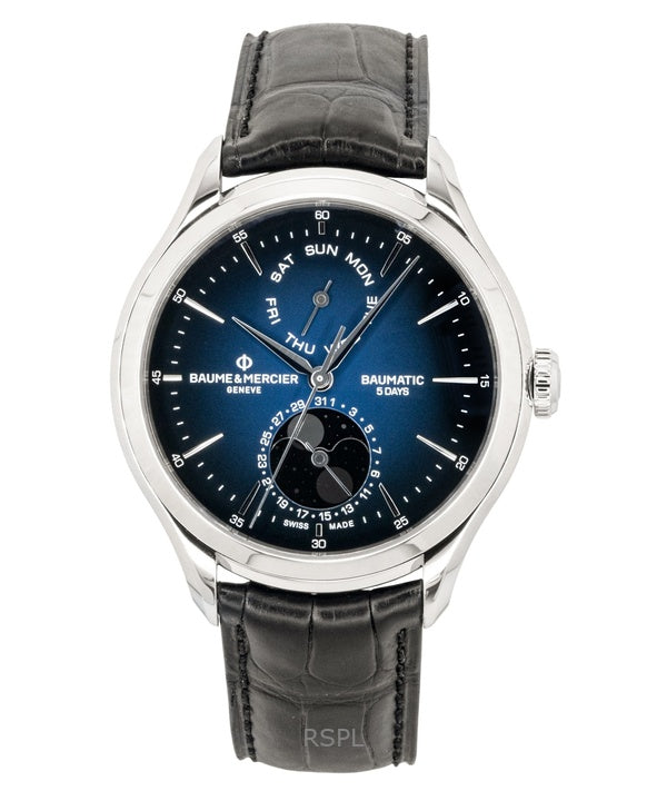 Reloj Baume &amp; Mercier Clifton para hombre, automático, con correa de piel, fase lunar y esfera azul (M0A10593).