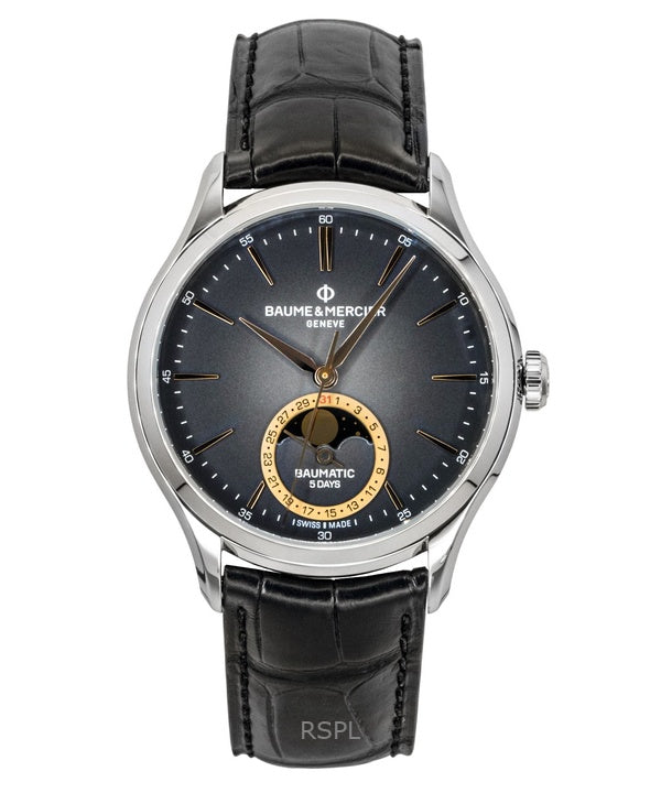 Reloj Baume &amp; Mercier Clifton para hombre, automático, con correa de piel, fase lunar y esfera negra (M0A10758).