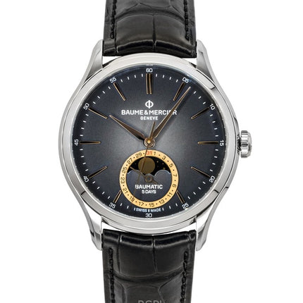 Reloj Baume &amp; Mercier Clifton para hombre, automático, con correa de piel, fase lunar y esfera negra (M0A10758).