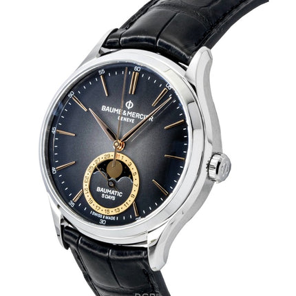 Reloj Baume &amp; Mercier Clifton para hombre, automático, con correa de piel, fase lunar y esfera negra (M0A10758).