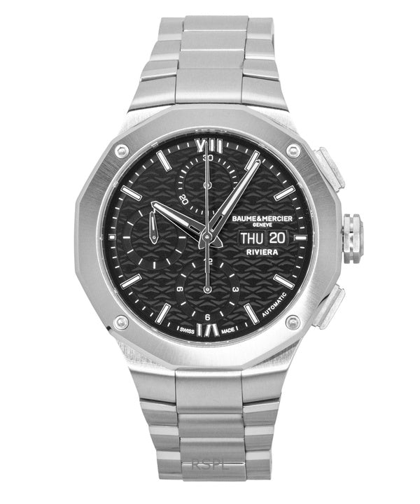 Reloj Baume &amp; Mercier Riviera Chronograph de acero inoxidable con esfera negra, automático M0A10825, resistente al agua hasta 100 m para hombre