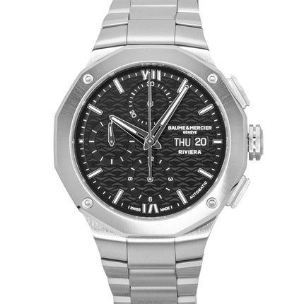 Reloj Baume &amp; Mercier Riviera Chronograph de acero inoxidable con esfera negra, automático M0A10825, resistente al agua hasta 100 m para hombre