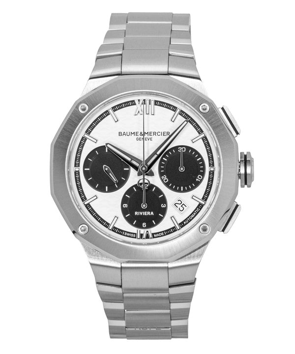 Reloj Baume &amp; Mercier Riviera Chronograph de acero inoxidable con esfera blanca, automático M0A10827, resistente al agua hasta 100 m para hombre
