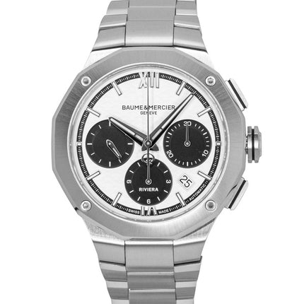 Reloj Baume &amp; Mercier Riviera Chronograph de acero inoxidable con esfera blanca, automático M0A10827, resistente al agua hasta 100 m para hombre