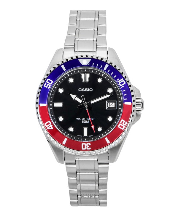 Reloj Casio analÃ³gico estÃ¡ndar Pepsi bisel acero inoxidable esfera negra cuarzo MDV-10D-1A3 para hombre