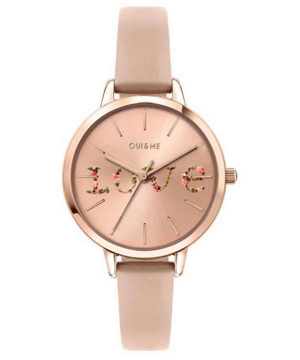Oui &amp, Me Fleurette Rose Gold Sunray Dial Correa de cuero Cuarzo ME010018 Reloj para mujer