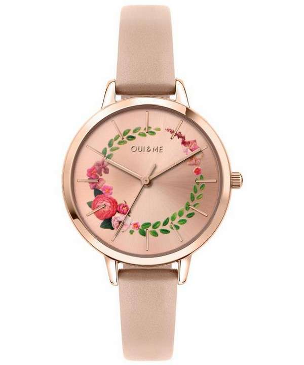 Oui &amp, Me Fleurette Rose Gold Sunray Dial Correa de cuero Cuarzo ME010038 Reloj para mujer