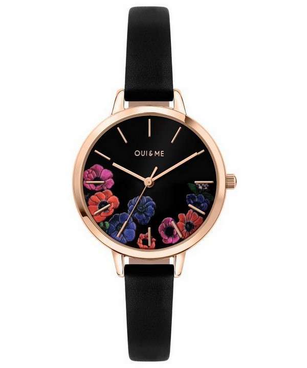 Oui &amp, Me Petite Fleurette esfera negra correa de cuero cuarzo ME010059 reloj para mujer