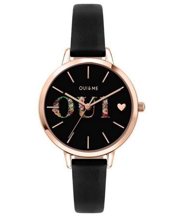 Reloj Oui &amp, Me Fleurette con esfera negra y correa de cuero de cuarzo ME010079 para mujer