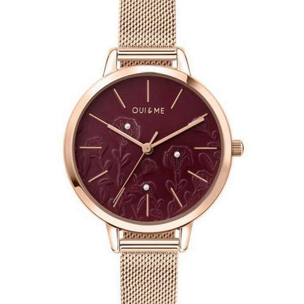 Oui &amp, Me Fleurette Burgundy Sunray Dial Rose Gold Tone Acero inoxidable Cuarzo ME010128 Reloj para mujer