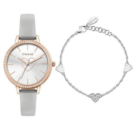 Oui &amp, Me Amourette Crystal Accents Correa de cuero Esfera plateada Cuarzo ME010289 Reloj para mujer con pulsera adicional
