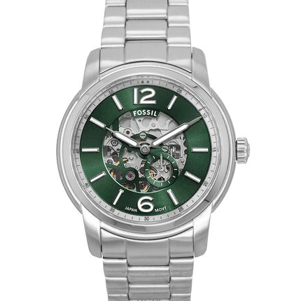 Reloj Fossil Heritage ME3262 automático de acero inoxidable con esfera esqueletizada verde para hombre