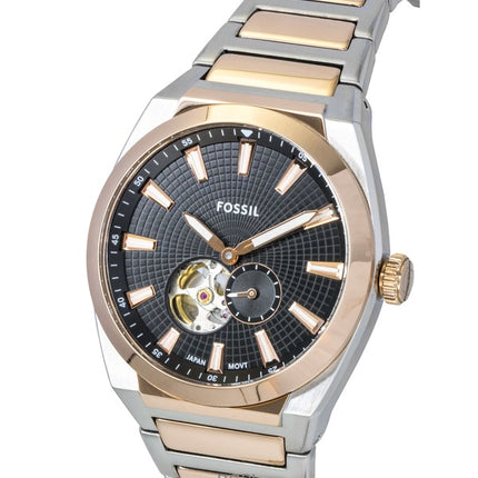 Reloj Fossil Everett ME3277 automático de acero inoxidable en dos tonos con esfera negra y corazón abierto para hombre